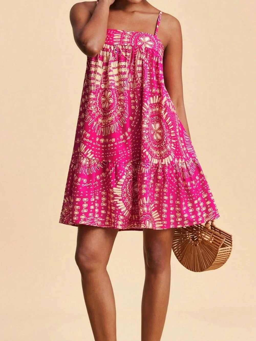 Multicolor Boho Women's Mini Dress Allover Print, Casual Vacation Beach Outfit - Picture 3 of 7